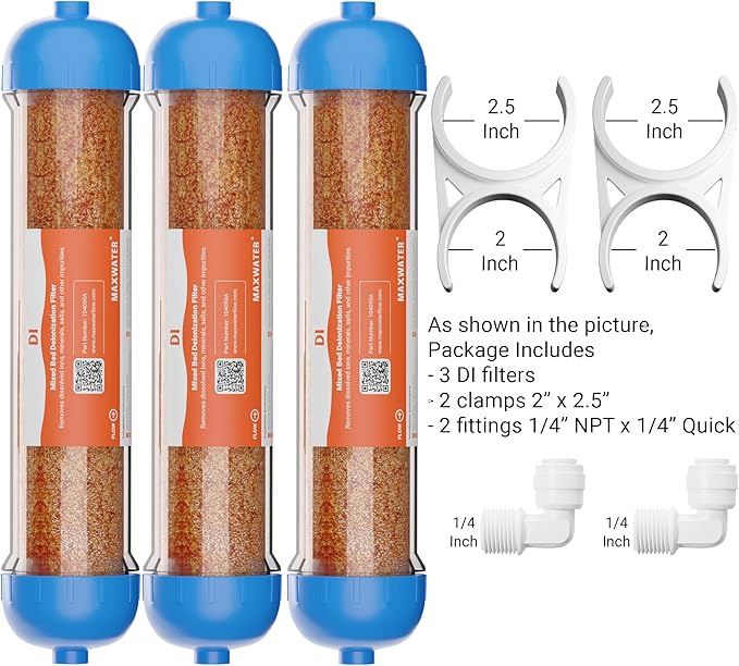 (3 Pack) Mixed Bed Ion Exchange Aquarium Filter Resin 0 PPM RO DI Refillable Housing w/Clamps & Fittings, Compatible with 10" Reverse Osmosis Water Filtration Systems, for High TDS in Water