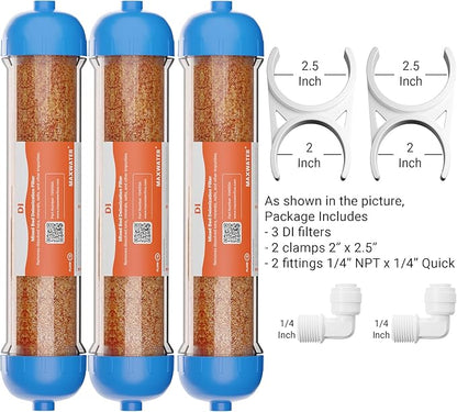 (3 Pack) Mixed Bed Ion Exchange Aquarium Filter Resin 0 PPM RO DI Refillable Housing w/Clamps & Fittings, Compatible with 10" Reverse Osmosis Water Filtration Systems, for High TDS in Water