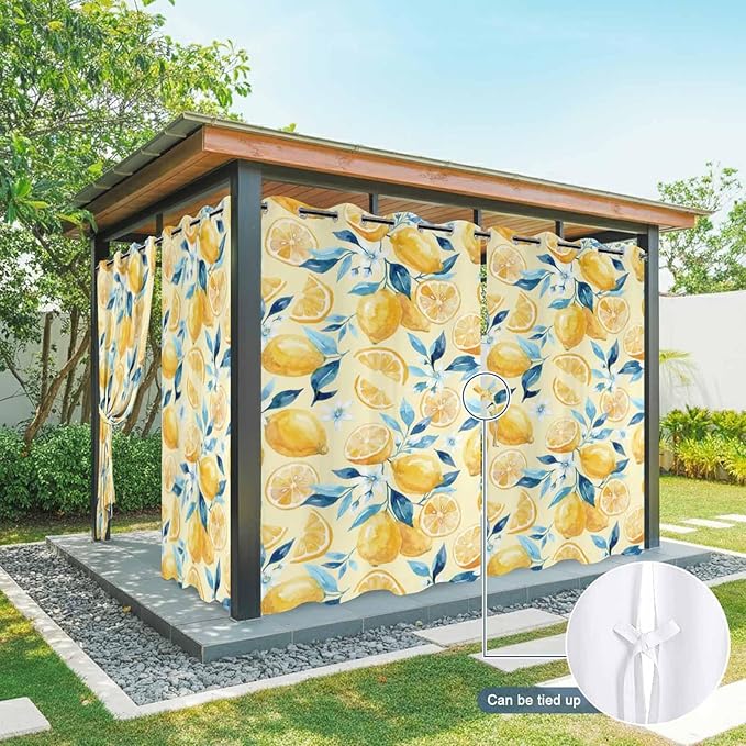 Lemon Outdoor Curtains for Patio Lemon Leaves Summer Plants Begin Waterproof Outside Curtains with Grommet Top Weatherproof Curtain for Cabana Pergola Gazebo, 1 Panel, 54" W x 108" L