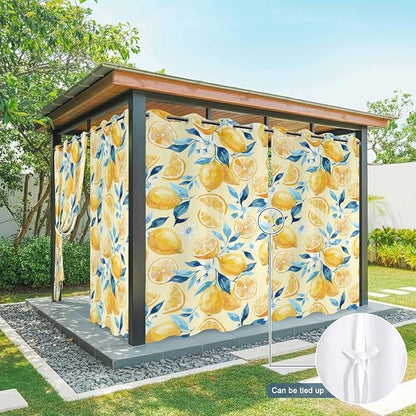 Lemon Outdoor Curtains for Patio Lemon Leaves Summer Plants Begin Waterproof Outside Curtains with Grommet Top Weatherproof Curtain for Cabana Pergola Gazebo, 1 Panel, 54" W x 108" L