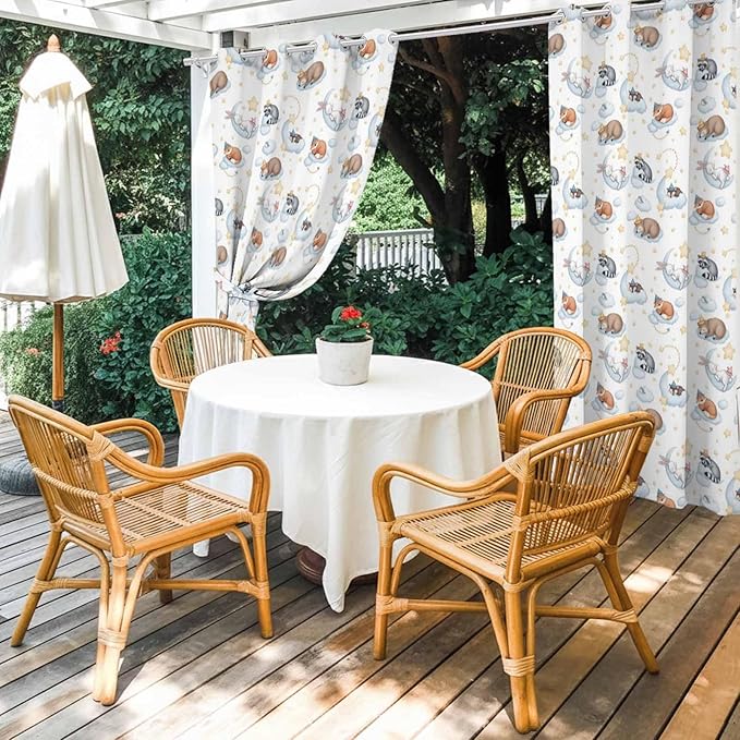 Cartoon Animals Outdoor Curtains for Patio Raccoons Rabbits Moon Waterproof Outside Curtains with Grommet Top Weatherproof Curtain for Cabana Pergola Gazebo, 1 Panel, 54" W x 108" L