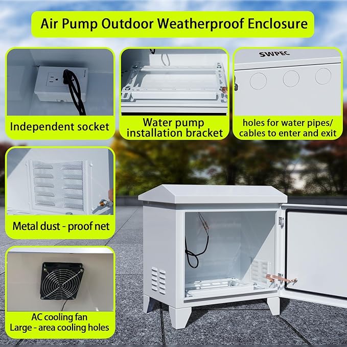 Pond, Water Garden Weatherproof Outdoor Cabinet Enclosure for Pond Aerator, Air Pump 20”W×15”D×19”H with pre-drilled knockouts, 110V Cooling Fan and pre-wired outlet included