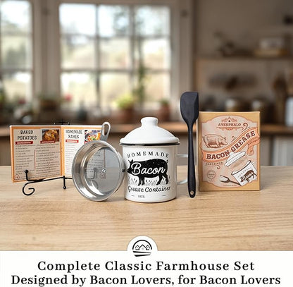Bacon Grease Container with Strainer - With Food-Grade Silicone Spatula, 24oz Enamel Rustic Farmhouse Fat Container, Keeper, Recipes, Dishwasher Safe