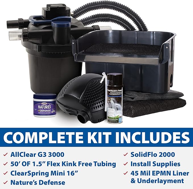 The Pond Guy AllClear Ecosystem Kit – Complete DIY Fishpond with Liner, Pump, UV Filter & Waterfall (1,000-2,000 Gallons) 11' x 11'