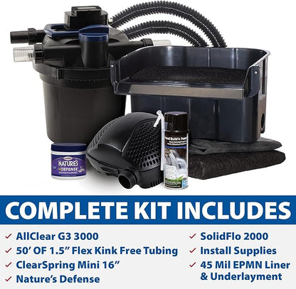 The Pond Guy AllClear Ecosystem Kit – Complete DIY Fishpond with Liner, Pump, UV Filter & Waterfall (1,000-2,000 Gallons) 11' x 11'