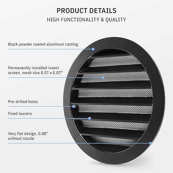 calimaero® WSGB 5" Inch Black Round Metal Air Vent Grill Cover Flat Louver with Fly Screen Fits Only with Metal Ducts