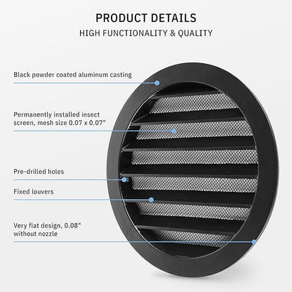 calimaero® WSGB 5" Inch Black Round Metal Air Vent Grill Cover Flat Louver with Fly Screen Fits Only with Metal Ducts