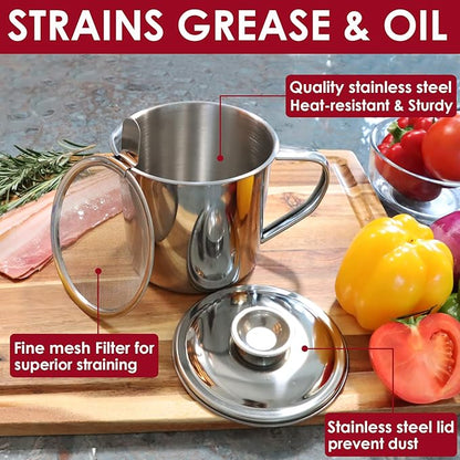 Bacon Grease Container with Strainer, Stainless Steel Oil Storage Can Container with Fine Mesh Strainer Fat Container Pot with Filter Screen, 1.25 QT / 5 Cups Grease Keeper Cooking Oil Keeper