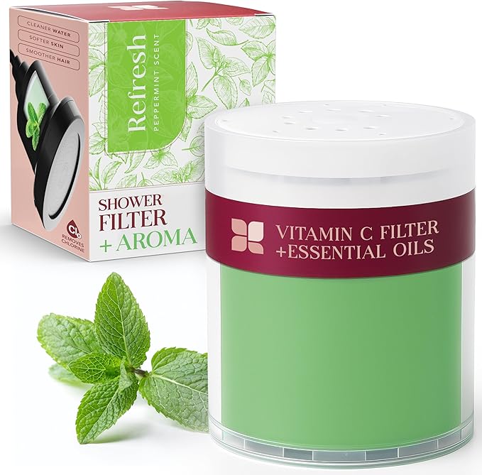 Vitamin C Shower Filter Replacement Cartridge + Shower Steamers Aromatherapy - K Beauty Skin & Hair Enhancement, Universal Water Filter Replacement for AquaBliss - Peppermint