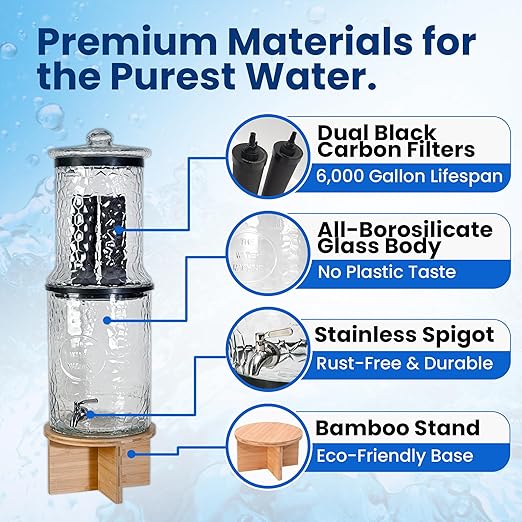 The Water Machine All Glass Purifier - Gravity Fed Water Filtration System with Activated Carbon Filters, Off Grid Emergency & Home Survival Portable Countertop Filter with Wooden Stand - 3 Gallon