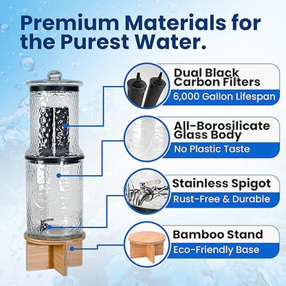 The Water Machine All Glass Purifier - Gravity Fed Water Filtration System with Activated Carbon Filters, Off Grid Emergency & Home Survival Portable Countertop Filter with Wooden Stand - 3 Gallon