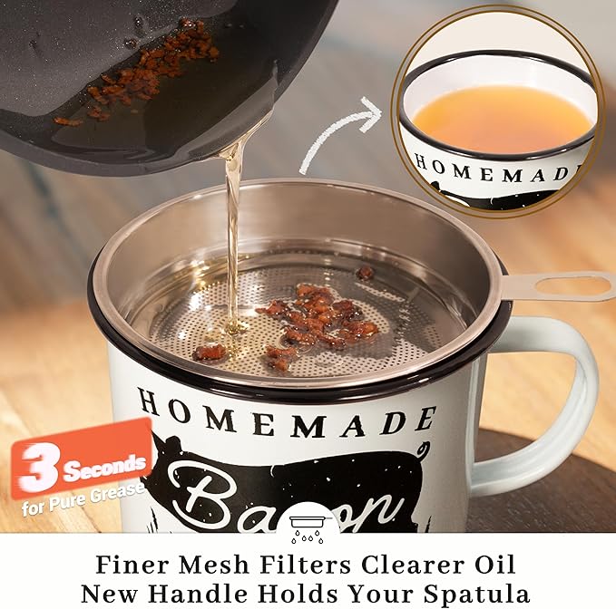 Bacon Grease Container with Strainer - With Food-Grade Silicone Spatula, 24oz Enamel Rustic Farmhouse Fat Container, Keeper, Recipes, Dishwasher Safe