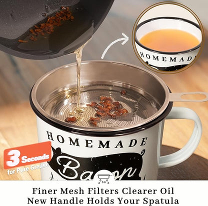 Bacon Grease Container with Strainer - With Food-Grade Silicone Spatula, 24oz Enamel Rustic Farmhouse Fat Container, Keeper, Recipes, Dishwasher Safe