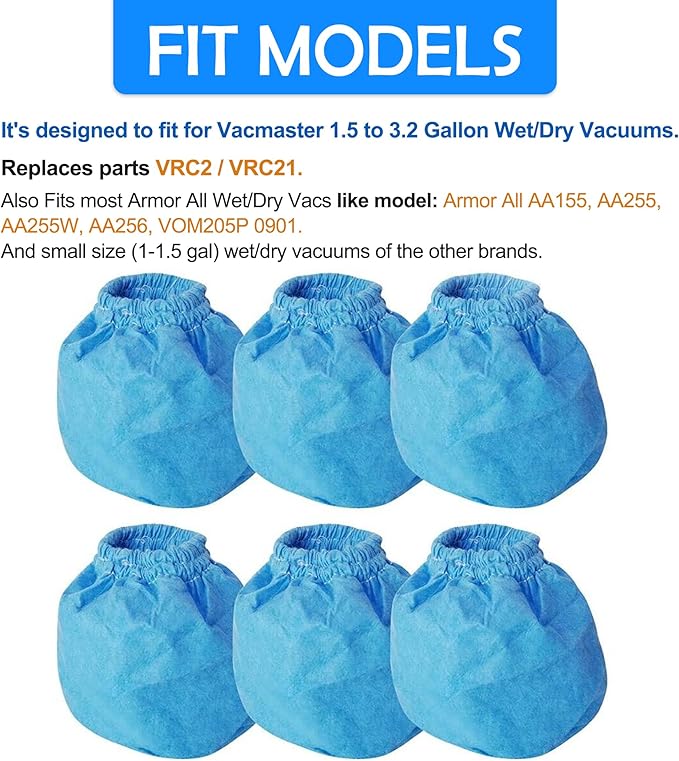 Smilefil VRC2 Cloth Filter Compatible with Vacmaster 1.5 to 3.2 Gallon Wet/Dry Vacuums, 6 Pack