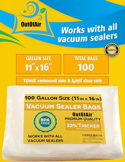 100 Vacuum Sealer Bags: Gallon Size (11" x 16") by OutOfAir Works With FoodSaver & Other Machines - 33% Thicker BPA Free, Commercial Grade, 11 x 16 inches