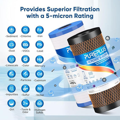 PUREPLUS 5 Micron 4.5" x 10" Whole House Water Filter Combo Kit with Grooved Sediment, KDF & Activated Carbon Block Filter, Replacement for AP810, AP811, WFHDC8001, CB-BB-10, FXHTC, GXWH40L,1PACK