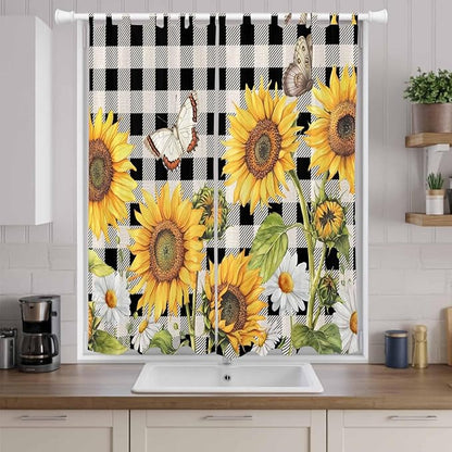 Sunflowers Living Room Curtains 84 Inch Length, Window Curtains Tab Top, Yellow Flowers Butterfly Farmhouse Black Plaid Light Filtering Window Treatments Drapes 52"x84" 2 Panel