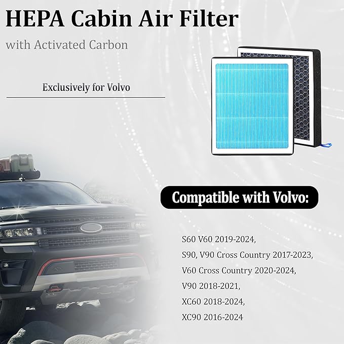 CF12155 Cabin Air Filter With Activated Carbon For 2019-23 S60, 2017-23 S90, 2019-23 V60, 2020-23 V60 Cross Country, 2018-21 V90, 2017-23 V90 Cross Country, 2018-23 XC60, 2016-23 XC90,