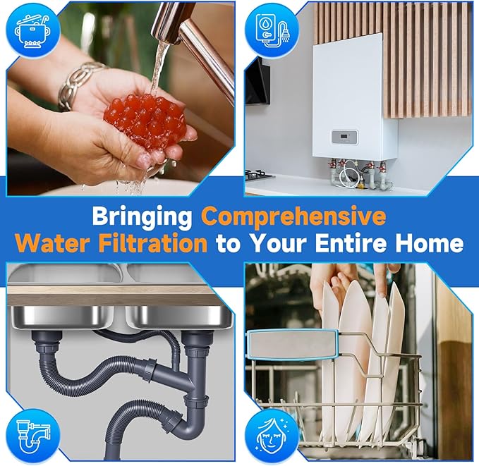PUREPLUS 20-Inch 3-Stage Whole House Water Filter, Home Filtration System | Sediment, Granular Activated Carbon, Carbon Block Filters | Built-in Pressure Gauges, with Steel Stand Frame