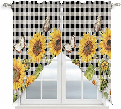 Sunflowers Swag Valances for Windows, Yellow Flowers Butterfly Farmhouse Black Plaid Rod Pocket Kitchen Curtains Valance, Small Window Curtains Swag for Cafe Bathroom Living Room, 2 Panels, 28x36 inch