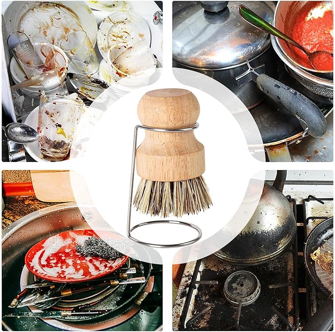 Kitchen Brush, Scrubber Cleaner with Wooden Handle and Drain Rack, Dish Scrubber for Sink Pots Pans Shower Bathroom Grout Tile Washing