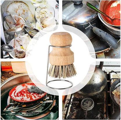Kitchen Brush, Scrubber Cleaner with Wooden Handle and Drain Rack, Dish Scrubber for Sink Pots Pans Shower Bathroom Grout Tile Washing