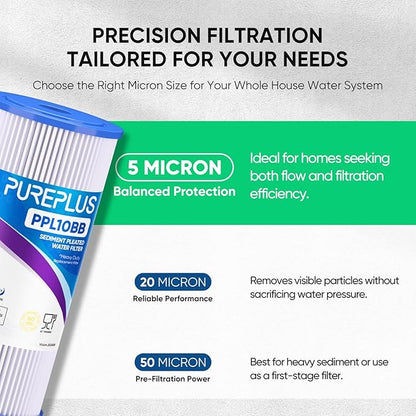 PUREPLUS 5 Micron 10" x 4.5" Whole House Pleated Sediment Filter for Well Water, Replacement Cartridge for GE FXHSC, Culligan R50-BBSA, Pentek R50-BB, DuPont WFHDC3001, W50PEHD, GXWH40L, 4Pack