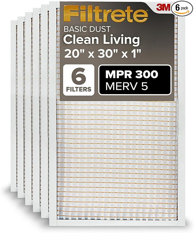 Filtrete 20x30x1 Air Filter, MPR 300, MERV 5, Clean Living Basic Dust 3-Month Pleated 1-Inch Air Filters, 6 Filters