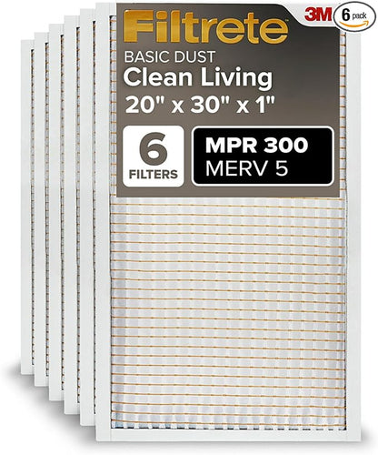 Filtrete 20x30x1 Air Filter, MPR 300, MERV 5, Clean Living Basic Dust 3-Month Pleated 1-Inch Air Filters, 6 Filters