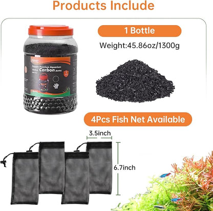 hygger Aquarium Activated Carbon, Premium Natural Coconut Shell Activated Charcoal for Freshwater and Saltwater, Fish Tank Filter Media, Water Purification Carbon (45.8 oz with Fine Mesh Bag)