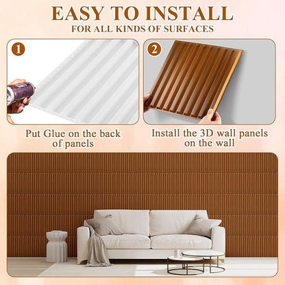 Nuanchu 32 Pcs 3D Slat Wall Panels 12 x 12 Inch PVC Fluted Textured Panel Cuttable Paintable DIY Wall Art Decorative Tiles for Ceiling Studio Bathroom Interior TV Background (Teak Grain)