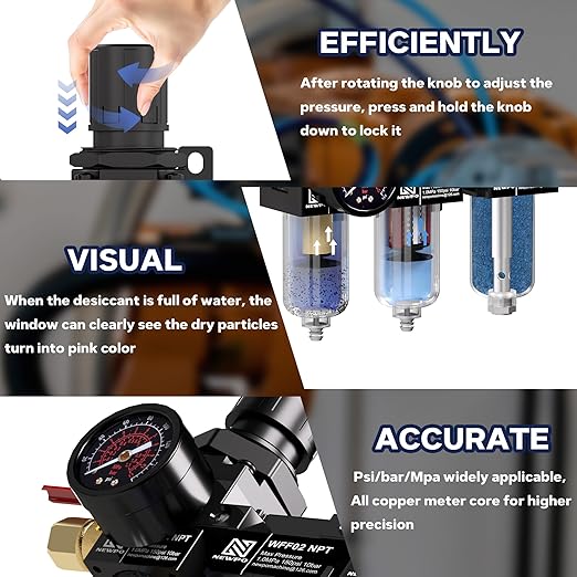 NEWPO 1/4" NPT Three Stage Air Drying System,air Pressure Regulator with 5＆0.01 Micron Filter Cartridge，Desiccant Dryer & Air Compressor Dryer, Metal Bowl Semi-Auto Drain