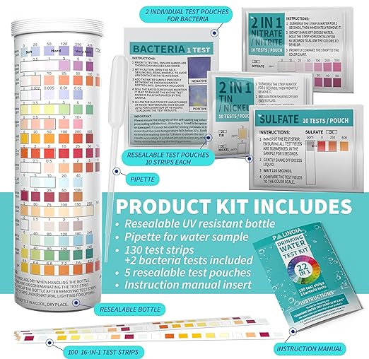 22 in 1 Drinking Water Test Kit 130 Strips - Well, Tap, Home, Swimming Pool, Hot Tub Testing Strip for Flouride, Lead, Hardness, Chlorine, Iron, Copper & More