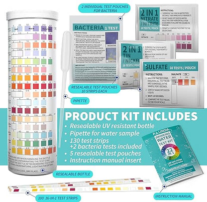 22 in 1 Drinking Water Test Kit 130 Strips - Well, Tap, Home, Swimming Pool, Hot Tub Testing Strip for Flouride, Lead, Hardness, Chlorine, Iron, Copper & More