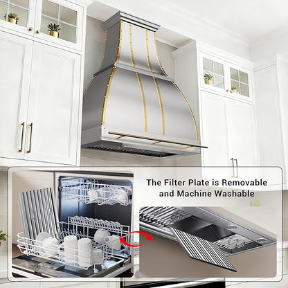 CHETTO C Stainless Steel Range Hood Cover with Quiet Vent Hood Insert Custom Handcrafted Metal Kitchen Fan with Towel Rack LED Light 48"W x21"D x36"H Brushed Stainless Steel Wall Mount