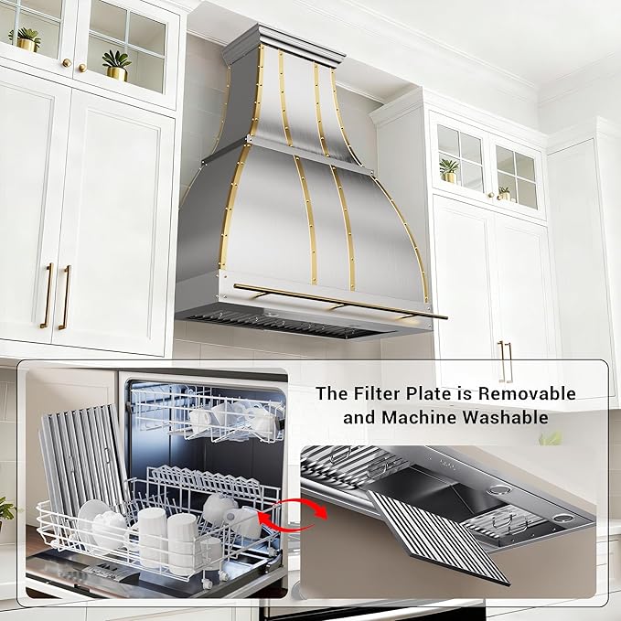 CHETTO C Stainless Steel Range Hood Cover with Quiet Vent Hood Insert Custom Handcrafted Metal Kitchen Fan with Towel Rack LED Light 60"W x24"D x45"H Brushed Stainless Steel Wall Mount
