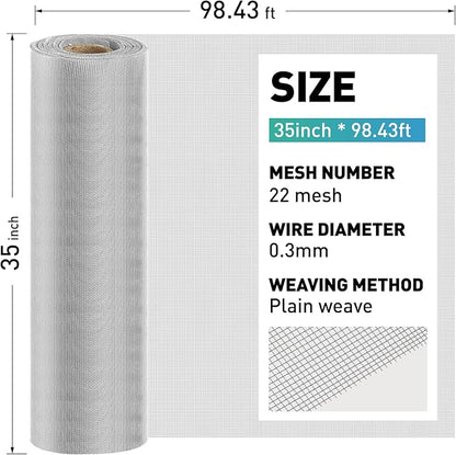 304 Stainless Steel Mesh Window Screen Roll,35IN x 98.43FT Silver Metal Window Screen Replacement,Screen Mesh for Window,Door,Patio,Pet,Vent,Filter,Porch,Cage and DIY Project (22 Mesh)