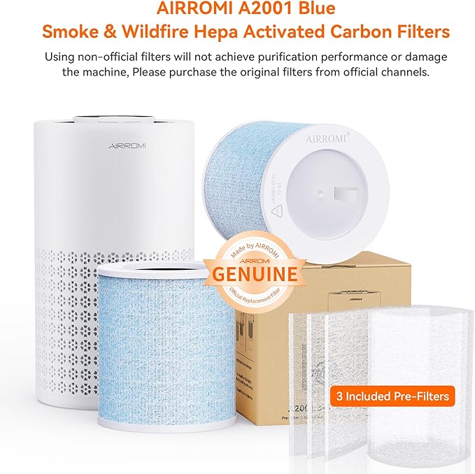 AIRROMI A2001 Efficiency Air Purifier Replacement Original 3-in-1 Filter, Blue Activated Carbon Filter for Smoke and Wildfire Removal, Removes 99.97% of 0.3 Micron Particles 1 Pack