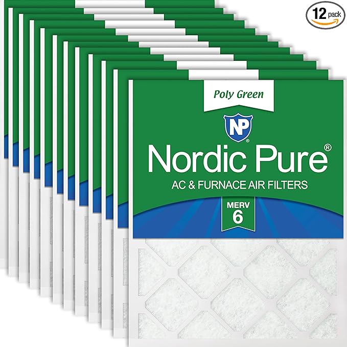Nordic Pure 16x25x1 (Actual Size: 15 1/2 x 24 1/2 x 3/4) Poly Green MERV 6 AC Furnace Air Filters – Reduces Dust, Pollen, Pet Dander & Allergens – 12-Pack