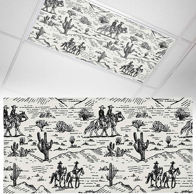 1 Pack Fluorescent Light Cover, Western Cowboys Light Covers for Ceiling Lights, Vintage Desert Canyon Cactus Horseshoe Magnetic Lights Filters Ceiling Shade for Classroom/Office - 4 x 2 Feet