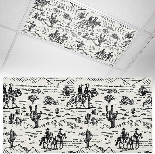 1 Pack Fluorescent Light Cover, Western Cowboys Light Covers for Ceiling Lights, Vintage Desert Canyon Cactus Horseshoe Magnetic Lights Filters Ceiling Shade for Classroom/Office - 4 x 2 Feet