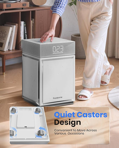 Air Purifiers for Home Large Room Bedroom up to 3600 Sq Ft PM 2.5 Display Air Quality Sensor True HEPA Air Filter for Fur Odor Smoke with Three-Sided Air Inlet, Gray, PB6866, 1 Pack