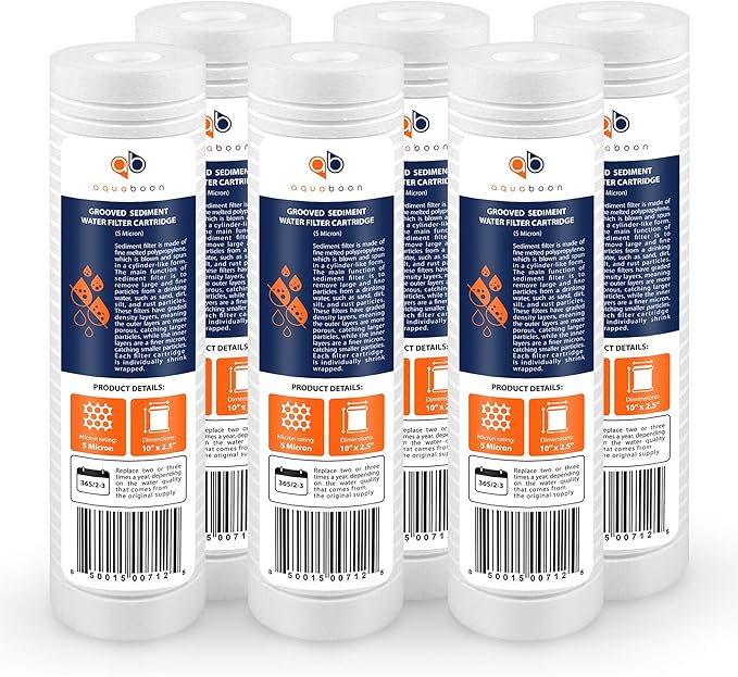 Aquaboon 5 Micron 10 x 2.5 Grooved Sediment Water Filter Replacement for Whole House Filter Cartridge Compatible with AP110, WHKF-GD05, CFS110, 6-Pack