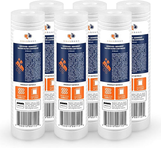 Aquaboon 5 Micron 10 x 2.5 Grooved Sediment Water Filter Replacement for Whole House Filter Cartridge Compatible with AP110, WHKF-GD05, CFS110, 6-Pack