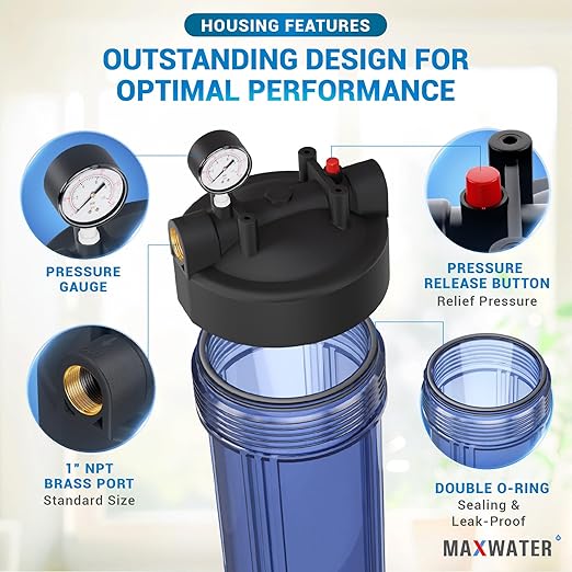 Max Water Whole House 20" x4.5" Purple Clear WH Water Filter Housing 1 inch Inlet/Outlet Ports with Pressure Gauge Wrench and Bracket (4 Housing + 2 Pressure Gauge)