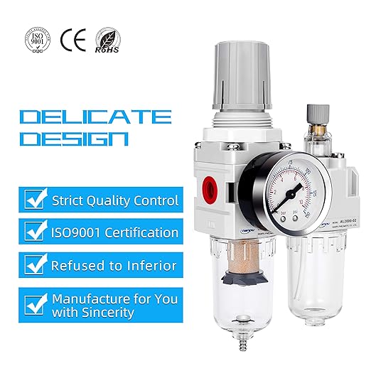 NANPU 1/4" NPT Compressed Air Filter Regulator Lubricator Combo Water/Oil Trap Separator - Gauge(0-150 psi), Poly Bowl, Semi-Auto Drain, Bracket - 3 in 1 Two Unit