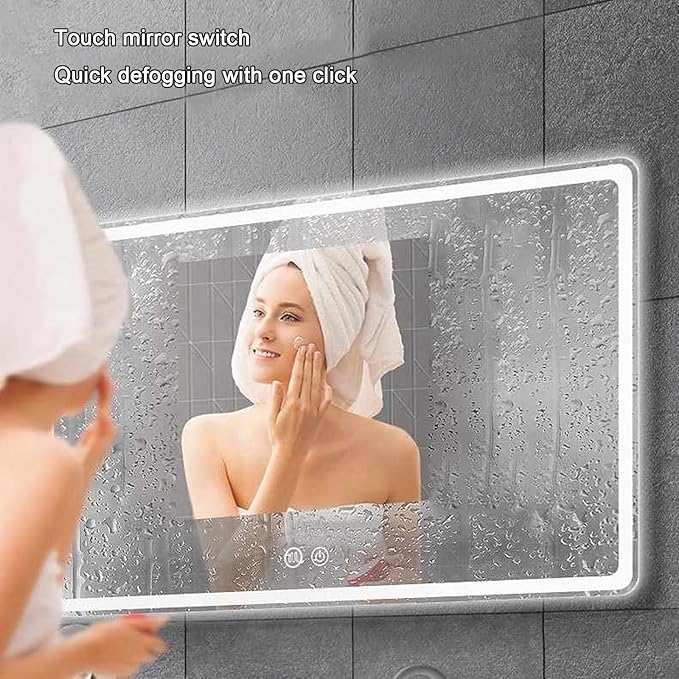 Smart Lighted Bathroom Mirror for Wall，Illuminated LED Bathroom Mirror，Lighted Bathroom Makeup，Waterproof，Shatterproof，with Touch Sensor/Dimming/Demister pad(H70*W90cm/H27.6*W35.4IN)