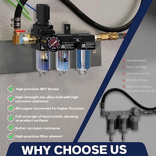 NEWPO 1/4" NPT Three Stage Air Drying System,air Pressure Regulator with 5＆0.01 Micron Filter Cartridge，Desiccant Dryer & Air Compressor Dryer, Metal Bowl Semi-Auto Drain