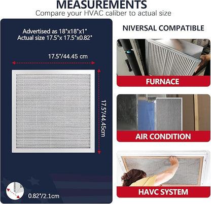 18x18x1 Air Filter, Washable & Reusable Aluminum AC/HVAC Furnace Electrostatic Filter, Lifetime Permanent Air Filter, Easy to Clean, Healthier Home/Office (Actual Size:17.50x17.50x0.82)