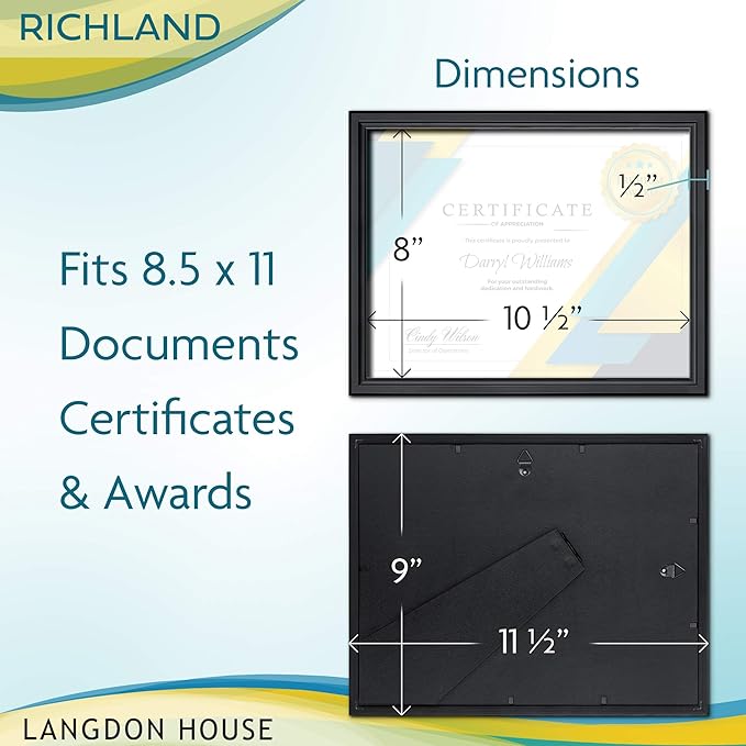 Langdon House 8.5x11 Certificate Frames Set (Black, 6 Pack) Distinguished Edging for Classic Style, Richland Collection